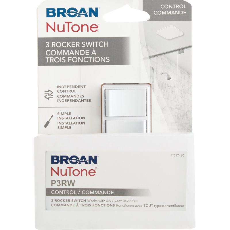 Broan 3-Function Rocker Switch for Bathroom Exhaust Fan White, 15A