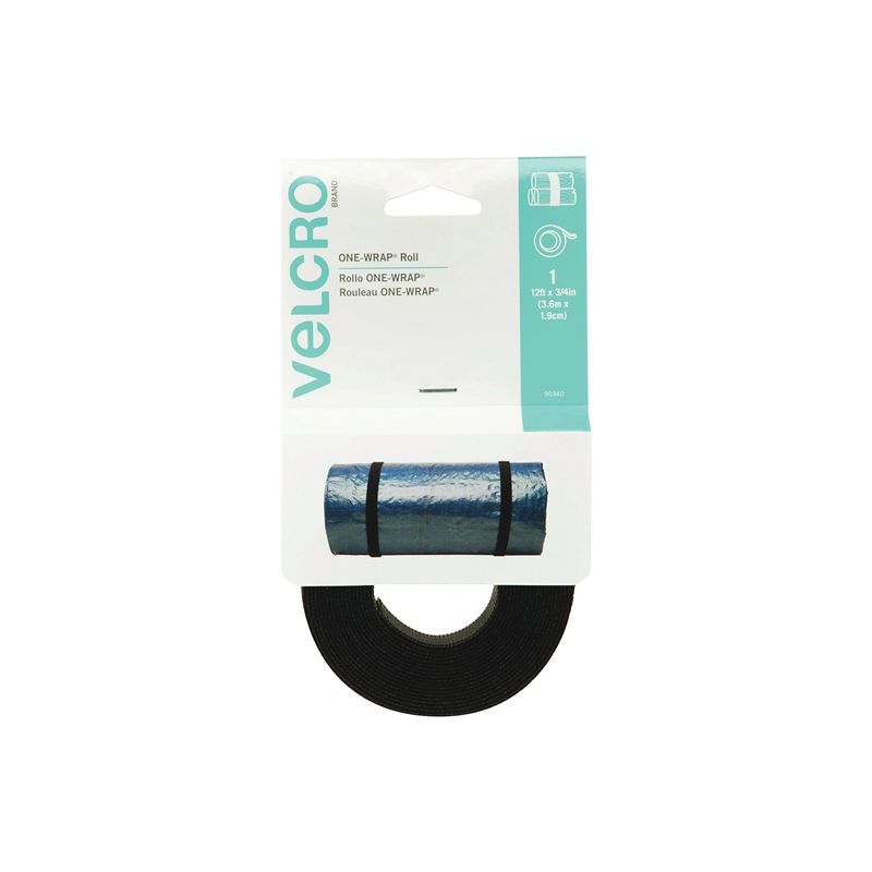 VELCRO Brand One Wrap 90340 Fastener, 3/4 in W, 12 ft L, Nylon/Polypropylene, Black Black