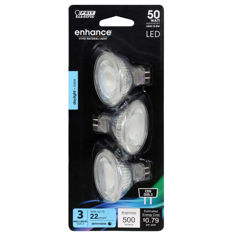 Feit Electric BPEXN/950CA/3 LED Bulb, Track/Recessed, MR16 Lamp, 50 W Equivalent, GU5.3 Lamp Base, Dimmable, Clear, 3/PK (Pack of 6)
