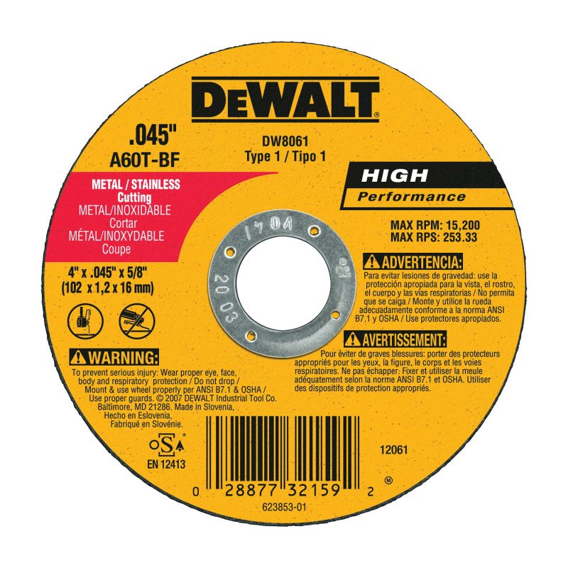 DeWALT DW8061 Cutting Wheel, 4 in Dia, 0.045 in Thick, 5/8 in Arbor, Aluminum Oxide Abrasive