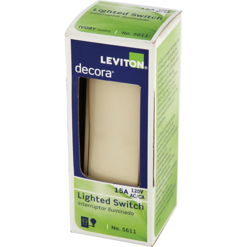 Leviton Decora Illuminated Rocker Single Pole Switch Ivory, 15