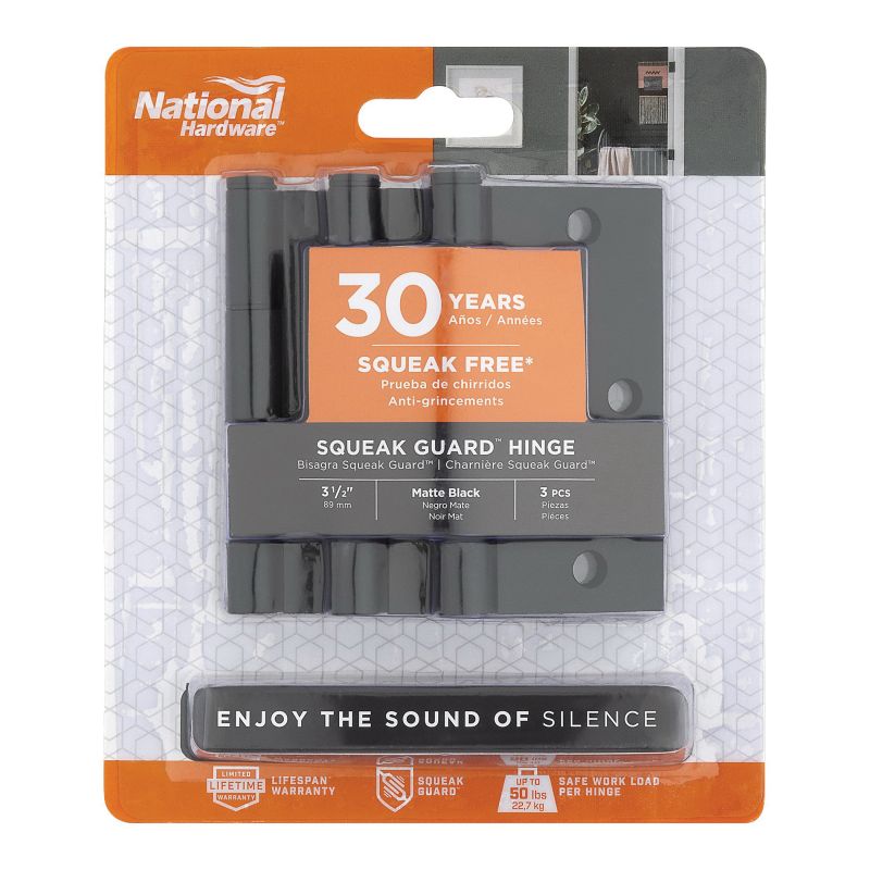 National Hardware Squeak Guard Series N830-445 Door Hinge, 3-1/2 in H Frame Leaf, 3/32 in Thick Frame Leaf, Steel, Matte Black