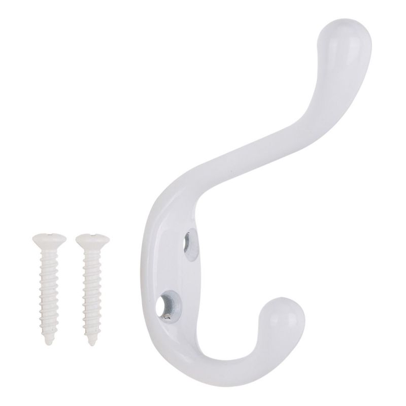 ProSource H6721007W-PS Coat and Hat Hook, 22 lb, 2-Hook, 1-1/64 in Opening, Zinc White