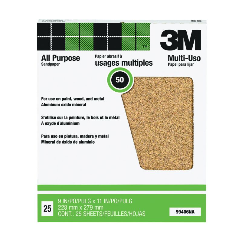 3M 99406 Sandpaper Sheet, 11 in L, 9 in W, Coarse, 50 Grit, Aluminum Oxide Abrasive, Paper Backing Tan