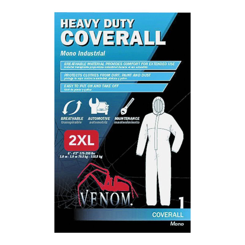 Venom Steel VENCV300XXL Coveralls with Hood, 2XL, Unisex, Zipper, Fabric, White 2XL, White