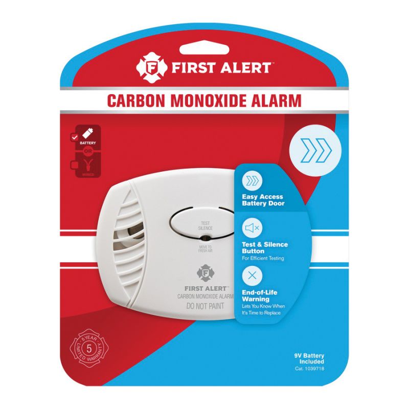 First Alert 1039718 Carbon Monoxide Alarm, 85 dB, Alarm: Audio, Electrochemical Sensor, White White