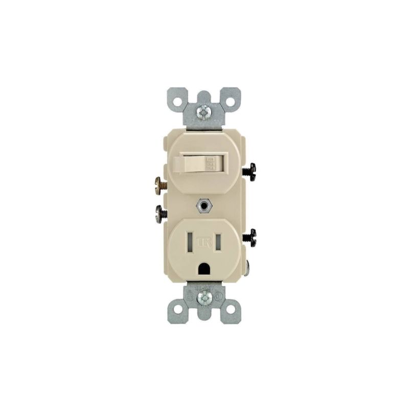Leviton R51-T5225-0IS Combination Switch/Receptacle, 1 -Pole, 15 A, 120 V Switch, 125 V Receptacle, Ivory Ivory