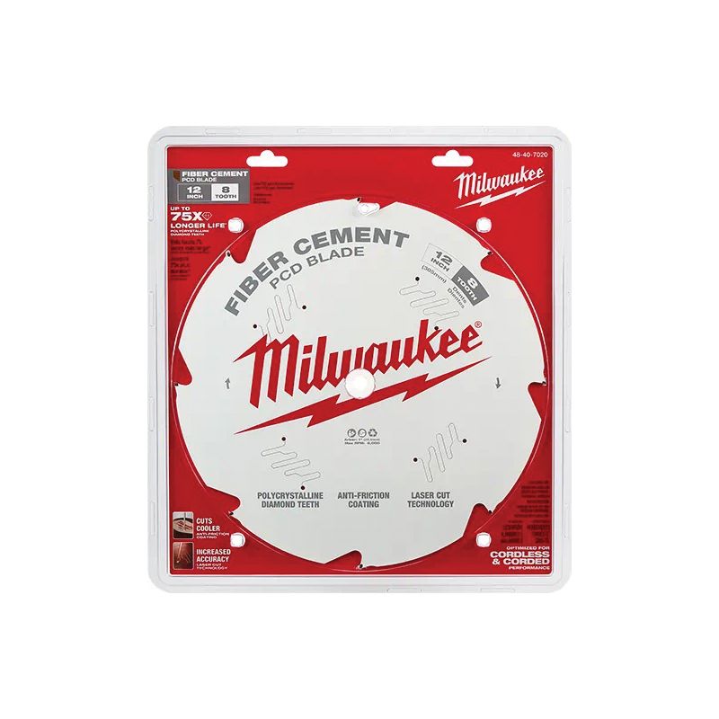 Milwaukee 48-40-7020 Circular Saw Blade, 12 in Dia, 1 in Arbor, 8-Teeth, Polycrystalline Diamond Cutting Edge