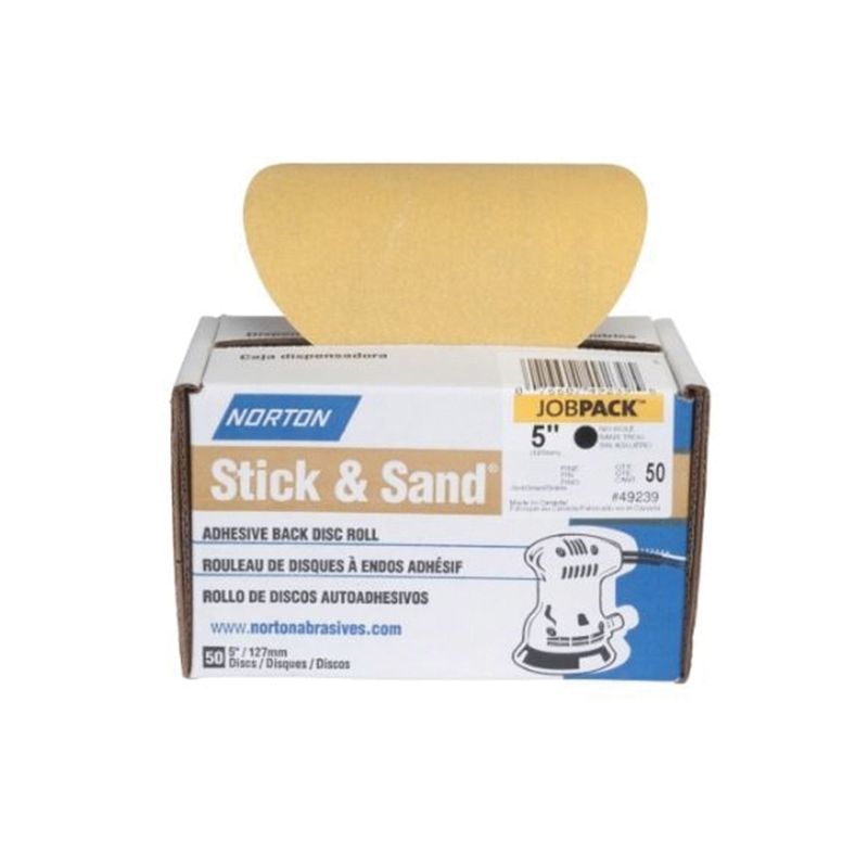Norton Stick &amp; Sand Series 07660749239 Disc Roll, 5 in Dia, Coated, P150 Grit, Fine, Aluminum Oxide Abrasive, No-Hole