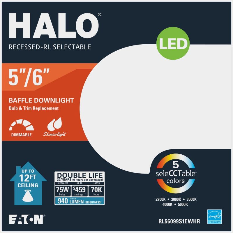 Halo 12.1W Retrofit Baffle Selectable Color Temperature Recessed Light Kit White