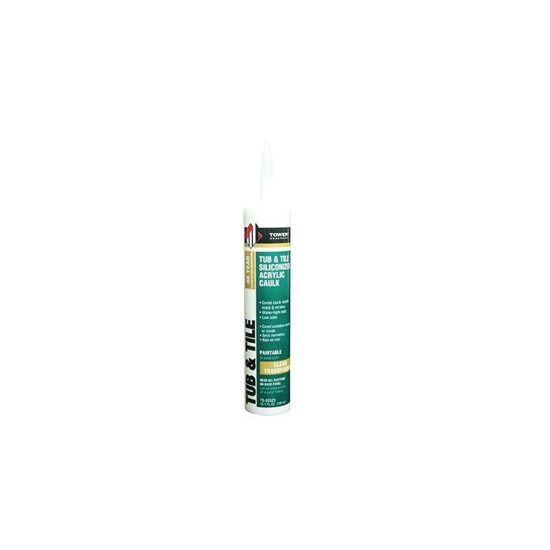 Tower Sealants TUB and TILE TS-00525 Silicone Acrylic Caulk, Clear, 7 to 14 days Curing, 40 to 120 deg F, 10.1 fl-oz Clear