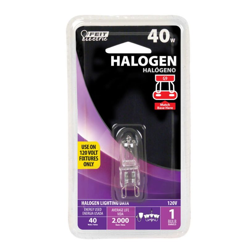 Feit Electric BPQ40/G9 Halogen Bulb, 40 W, G9 Lamp Base, JCD T4 Lamp, 3000 K Color Temp, 2000 hr Average Life