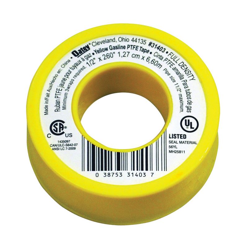 Oatey 31403 Thread Seal Tape, 260 in L, 1/2 in W, PTFE, Yellow Yellow