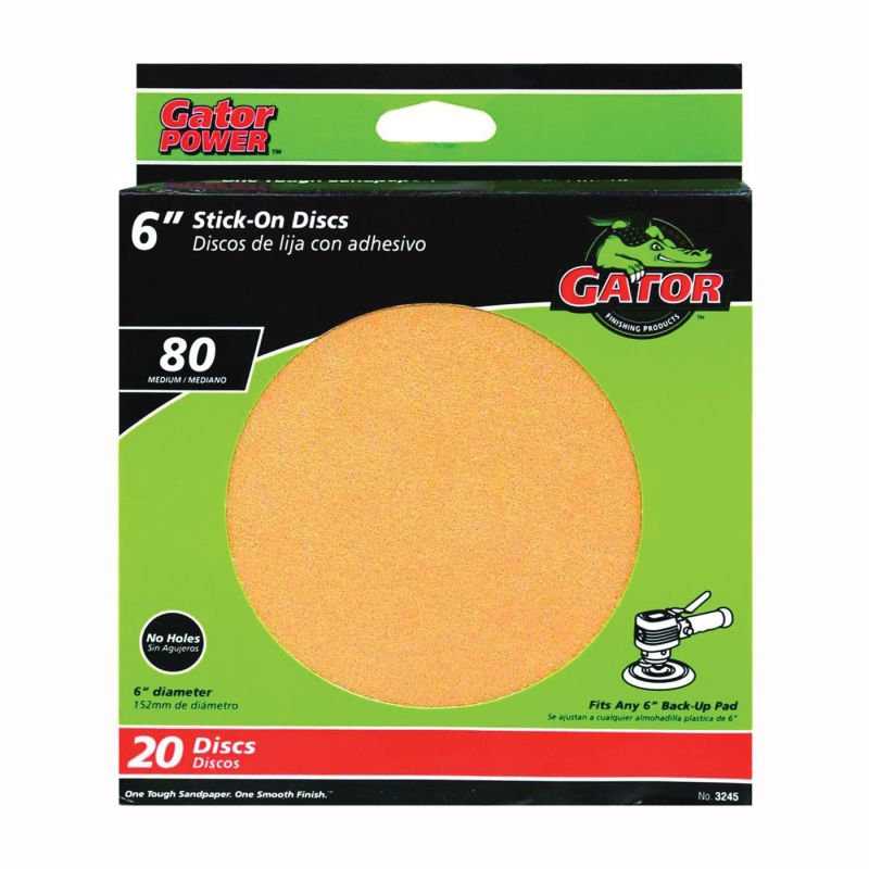 Gator 3245 Sanding Disc, 6 in Dia, Coated, 80 Grit, Medium, Aluminum Oxide Abrasive, Paper Backing Gold