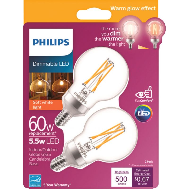 Philips Warm Glow G16.5 Candelabra Dimmable LED Decorative Light Bulb