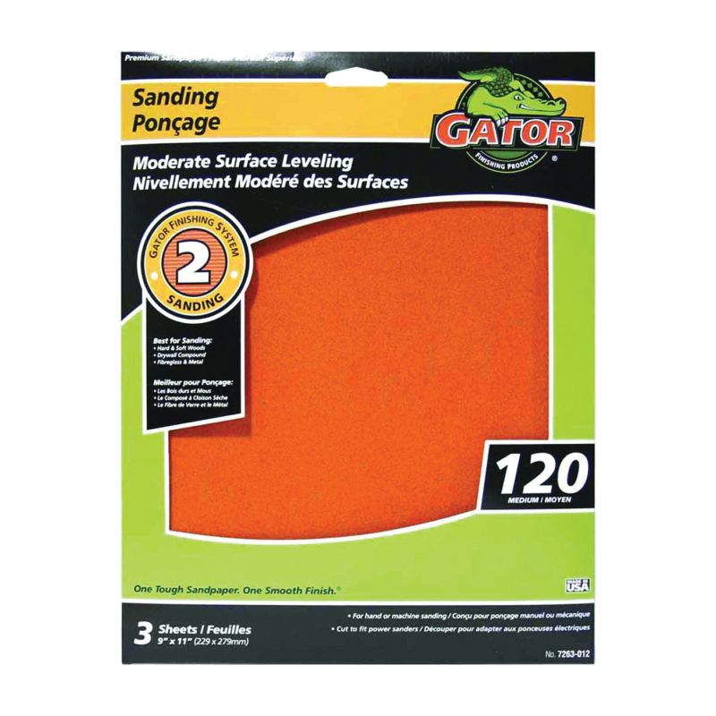 Gator 7263-012 Sanding Sheet, 11 in L, 9 in W, Fine, 120 Grit, Aluminum Oxide Abrasive