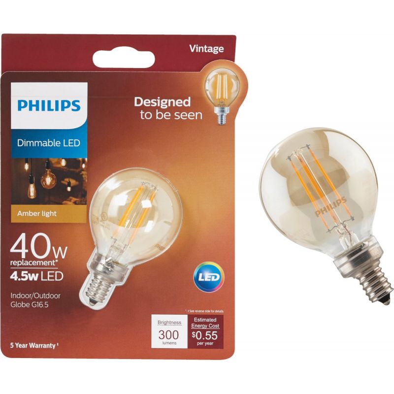 Philips Vintage Edison G16.5 Candelabra Dimmable LED Decorative Light Bulb