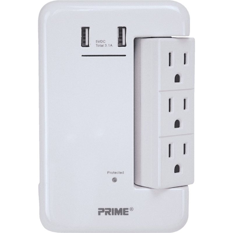Prime Wire &amp; Cable 6-Outlet Rotating Surge Tap USB Charger White, 3.4A