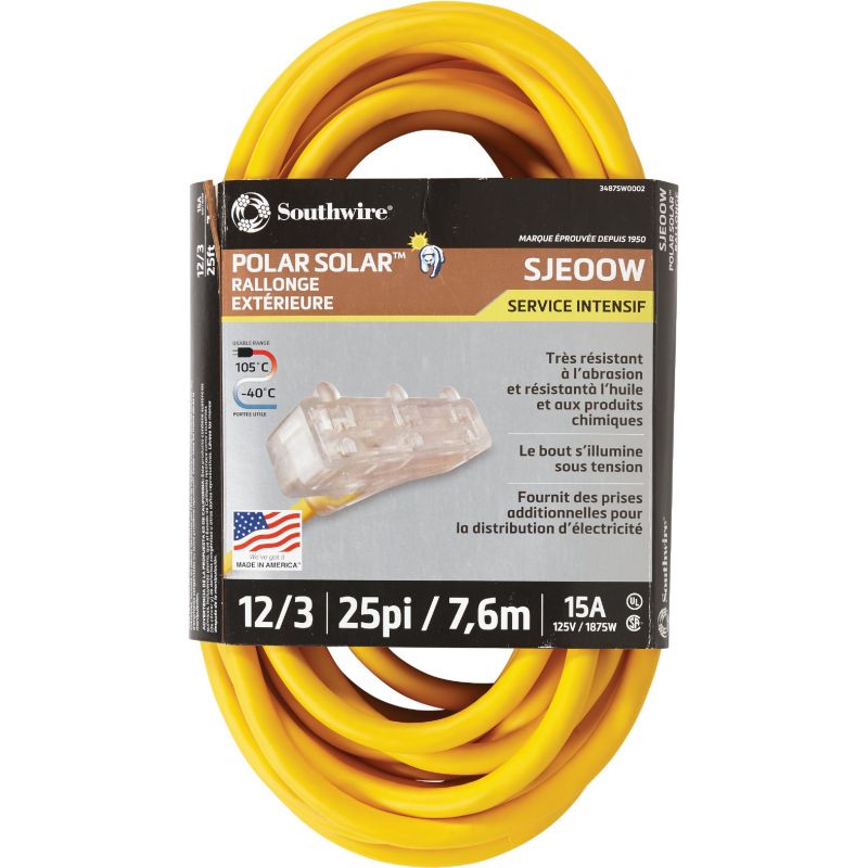 Coleman Cable Polar Solar Cold Weather 3-Outlet Extension Cord Yellow, 15