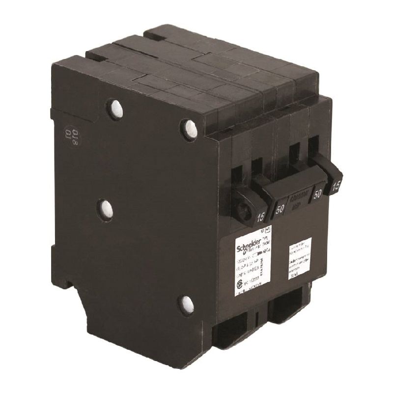 Square D Homeline CHOMT1515250CP Circuit Breaker, Mini, Quad, 15, 50 A, 3 -Pole, 120/240 VAC, Common Trip, Black Black