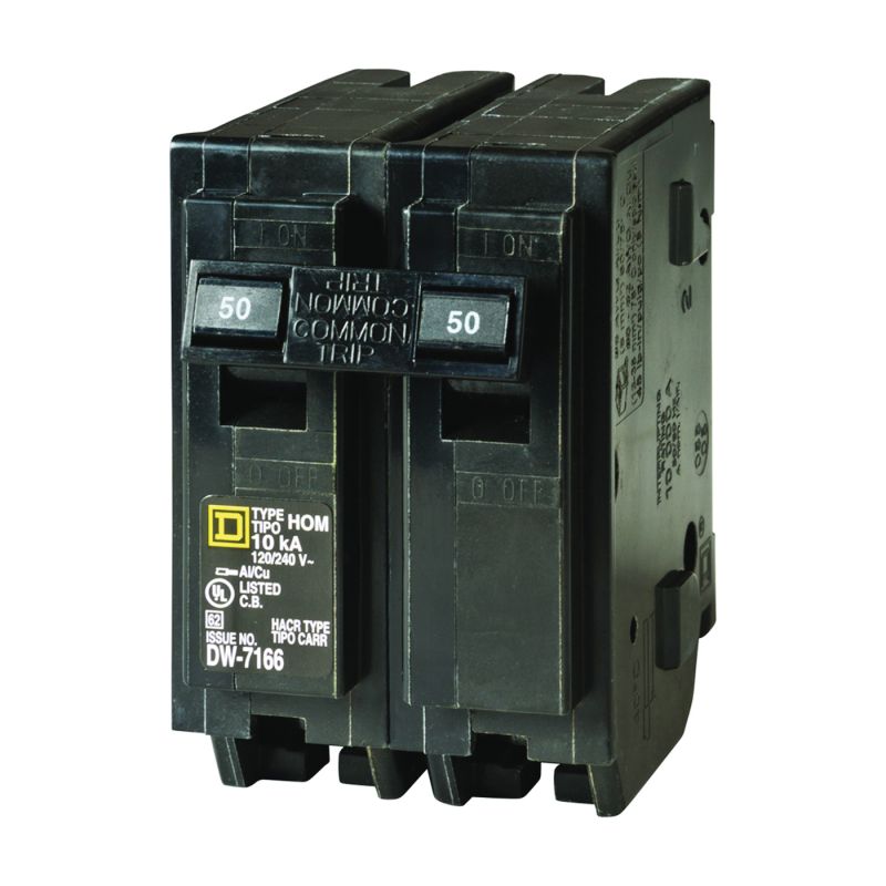 Square D Homeline HOM250CP Circuit Breaker, Mini, 50 A, 2 -Pole, 120/240 V, Fixed Trip, Plug Mounting, Black Black