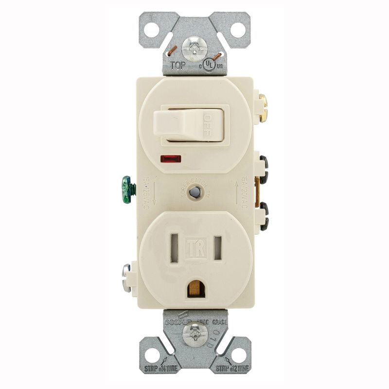 Eaton Cooper Wiring TR274LA Combination Switch/Receptacle, 2 -Pole, 15 A, 120 V Switch, 125 V Receptacle Light Almond