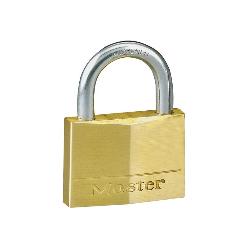 Master Lock 150D Padlock, Keyed Different Key, 9/32 in Dia Shackle, Steel Shackle, Solid Brass Body, 2 in W Body