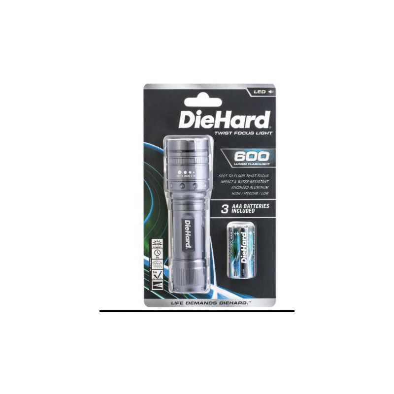 Dorcy DieHard Series 41-6121 Flashlight, AAA Battery, LED Lamp, 600 Lumens Lumens, 150 m Beam Distance, 3 hr Run Time Gray
