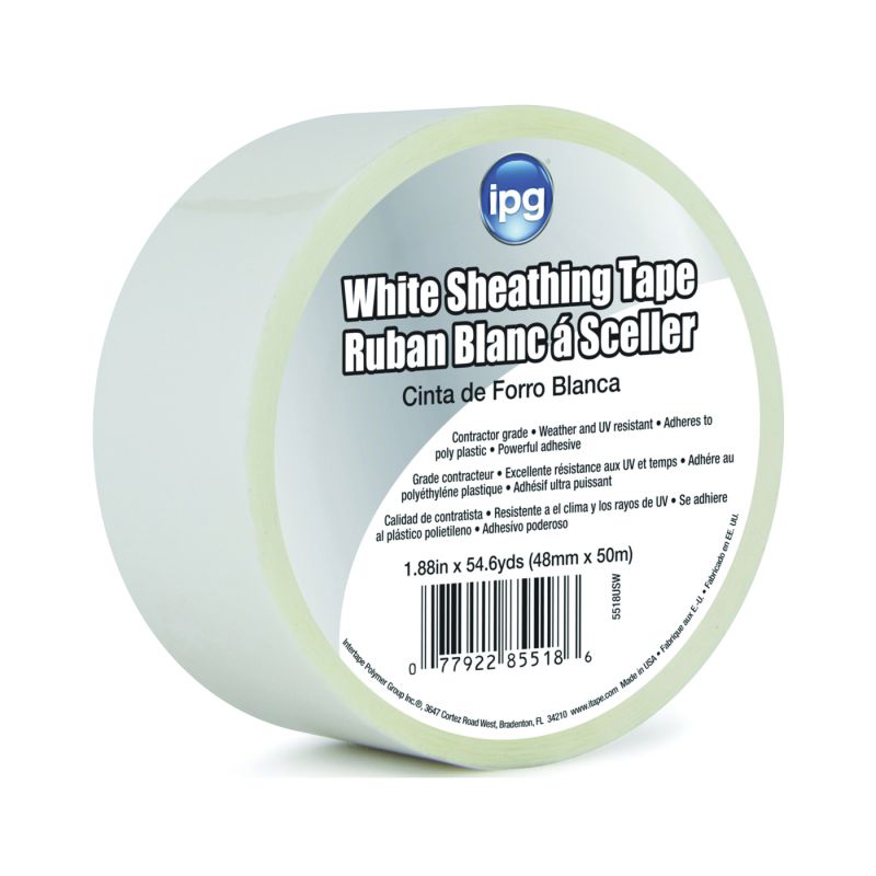 IPG 5518USW Sheathing Tape, 50 m L, 48 mm W, Polypropylene Backing, White White