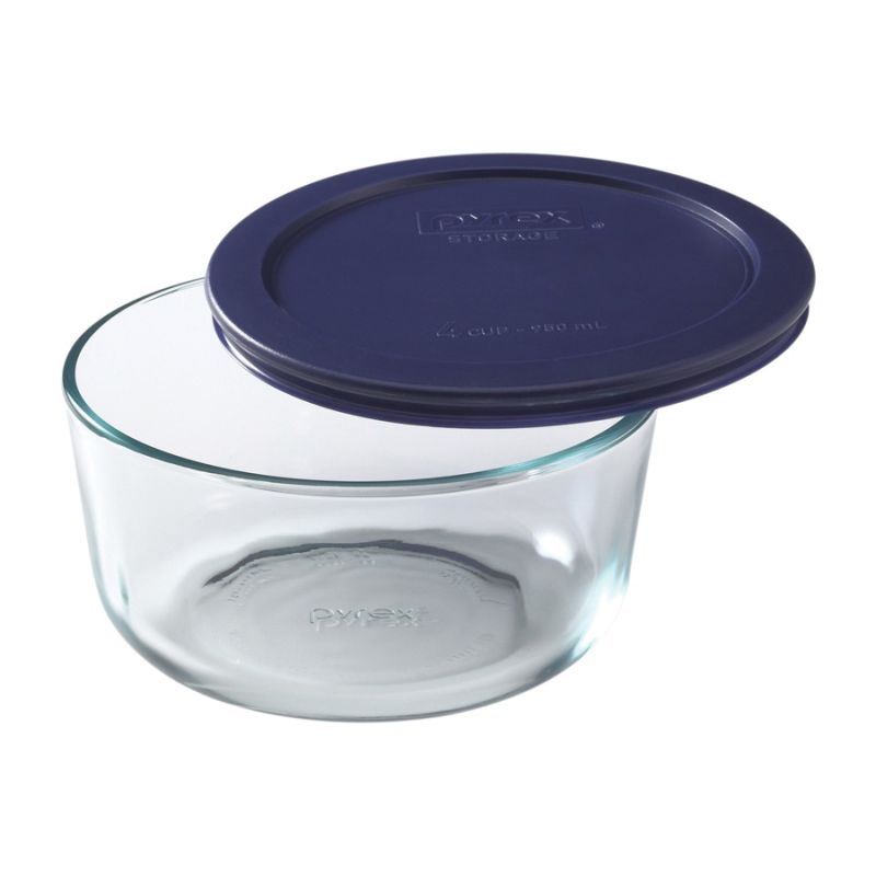 Pyrex 6017398 Storage Plus Bowl, 4 Cups, Glass/Plastic, Navy Blue 4 Cups, Navy Blue