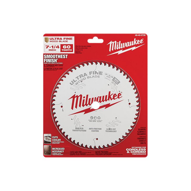 Milwaukee 48-40-0730 Circular Saw Blade, 7-1/4 in Dia, 5/8 in Arbor, 60-Teeth, Carbide Cutting Edge, 1/PK