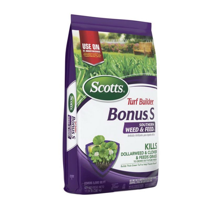 Scotts Turf Builder Bonus S 21030A Southern Weed and Feed Fertilizer, 17.34 lb Bag, Solid, 29-0-10 N-P-K Ratio Blue/Pink