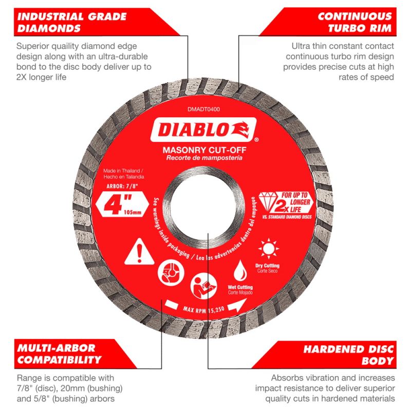 Diablo DMADT0450 Cut-Off Disc, 4-1/2 in Dia, 7/8 in, 5/8 in, 20 mm Arbor, Diamond Cutting Edge, Turbo Rim