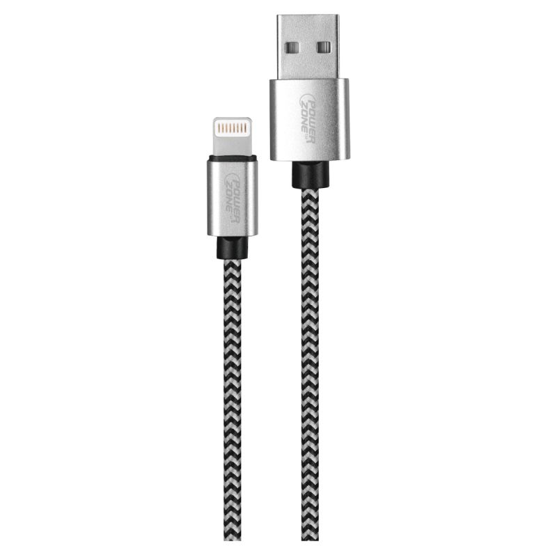 PowerZone KL-029X-2M-LIGHT Lightning Charging Cable, Lightning, USB, Black/White Sheath, 6 ft L