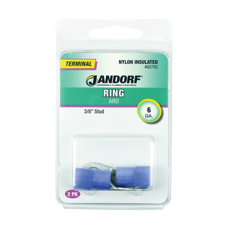 Jandorf 60785 Ring Terminal, 6 AWG Wire, 3/8 in Stud, Nylon Insulation, Copper Contact, Blue Blue