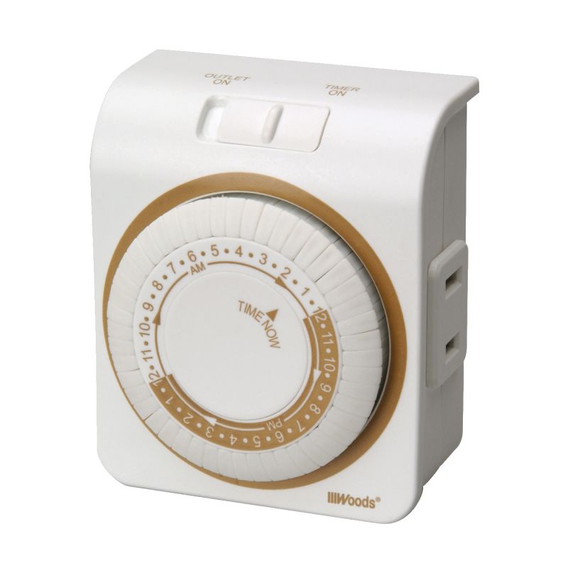 Woods 50000 Mechanical Timer, 15 A, 125 V, 1875 W, 24 hr Time Setting, 24 On/Off Cycles Per Day Cycle, White White