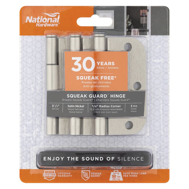 National Hardware Squeak Guard N830-450 Door Hinge, 3-1/2 in H Frame Leaf, 3/32 in Thick Frame Leaf, Steel, Satin Nickel