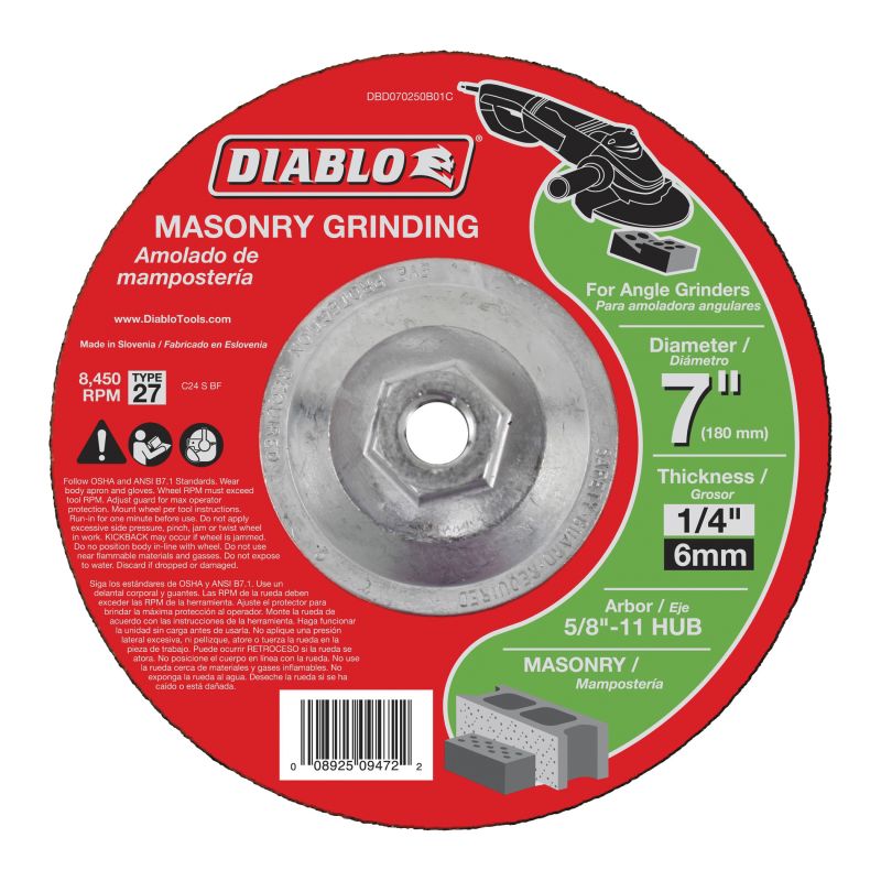 Diablo DBD070250B01C Grinding Wheel, 7 in Dia, 1/4 in Thick, 5/8-11 in Arbor, Aluminum Oxide Abrasive