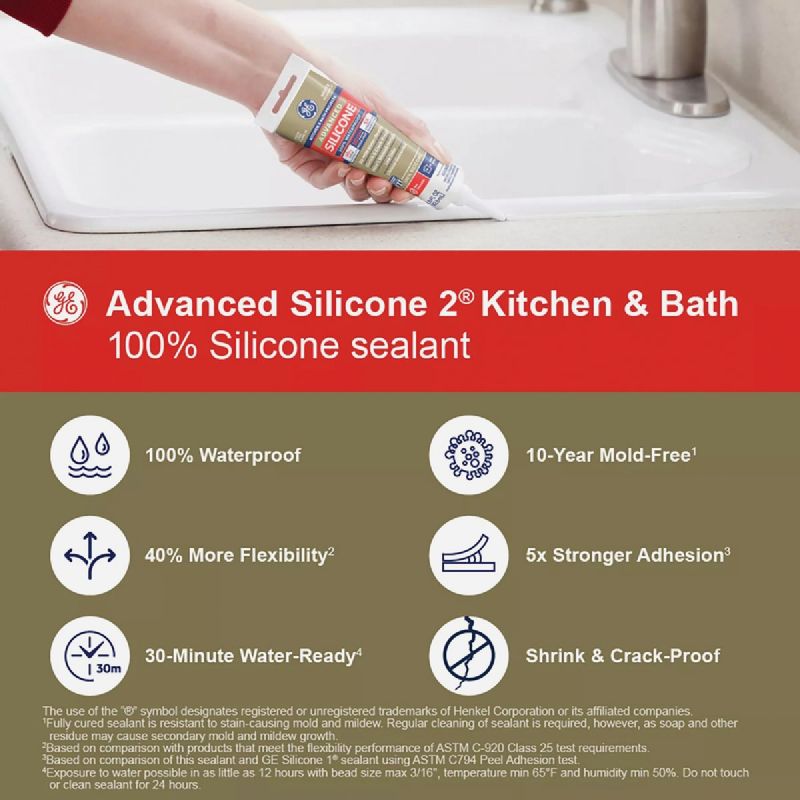 GE Advanced Silicone Kitchen &amp; Bath 100% Silicone Sealant Clear, 2.8 Oz.