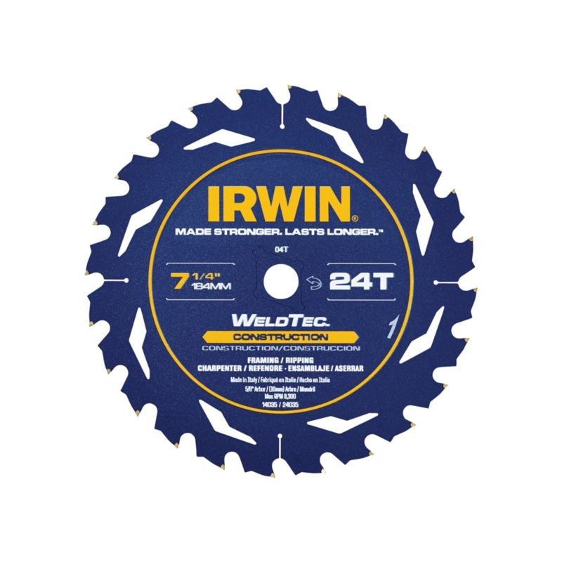 Irwin 24035 Circular Saw Blade, 7-1/4 in Dia, 5/8 in Arbor, 24-Teeth, Carbide Cutting Edge, Applicable Materials: Wood