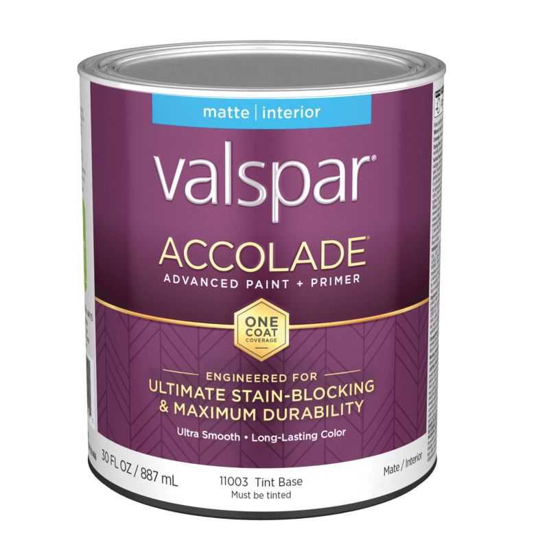 Valspar Accolade 1100 05 Latex Paint, Acrylic Base, Matte, Tint Base, 1 qt, Plastic Can Tint Base