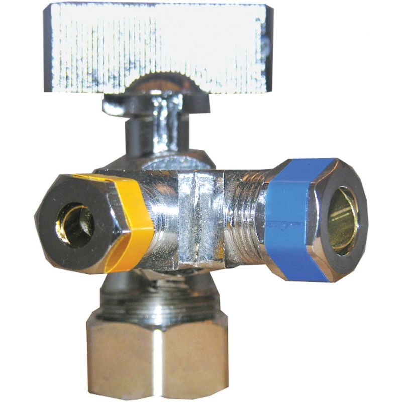 Lasco 3-Way Iron Pipe x Compression Angle Valve 1/2&quot; IP Inletx3/8&quot;C Outletx1/4&quot; C Outlet