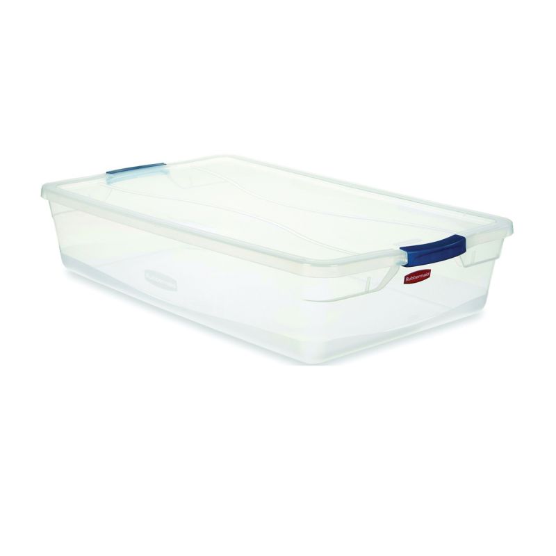 Rubbermaid Clever Store RMCC410001 Storage Container, Plastic, Clear Blue, 29 in L, 18 in W, 6 in H 41 Qt, Clear Blue