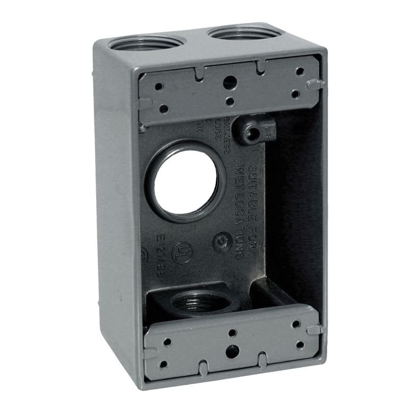 Teddico/Bwf 1754-1 Outlet Box, 1-Gang, 4-Knockout, 4-3/4 in, Metal, Gray, Powder-Coated Gray
