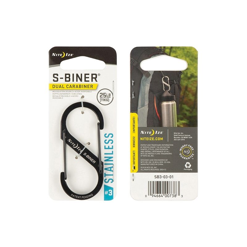Nite Ize S-Biner Series SB3-03-01 Dual Carabiner, #3 Dia Ring, Stainless Steel, Black Black