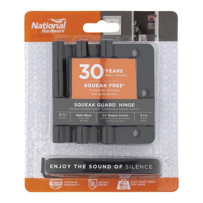 National Hardware Squeak Guard Series N830-446 Door Hinge, 3-1/2 in H Frame Leaf, 3/32 in Thick Frame Leaf, Steel, 50 lb, 3/CD Matte Black