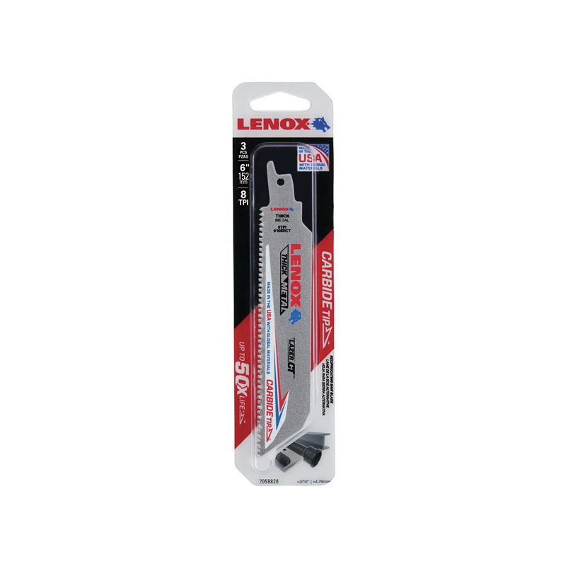 Lenox 2058828 Reciprocating Saw Blade, 1 in W, 6 in L, 8 TPI, Carbide Cutting Edge
