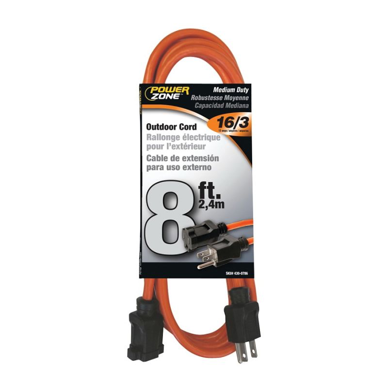 PowerZone OR501608 Extension Cord, 16 AWG Cable, 5-15P Grounded Plug, 5-15R Grounded Receptacle, 8 ft L, 125 V