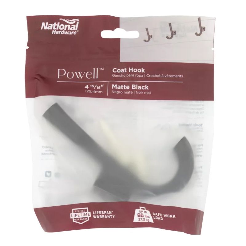 National Hardware Powell N337-912 Angled Hook, 60 lb, Aluminum, Matte Black