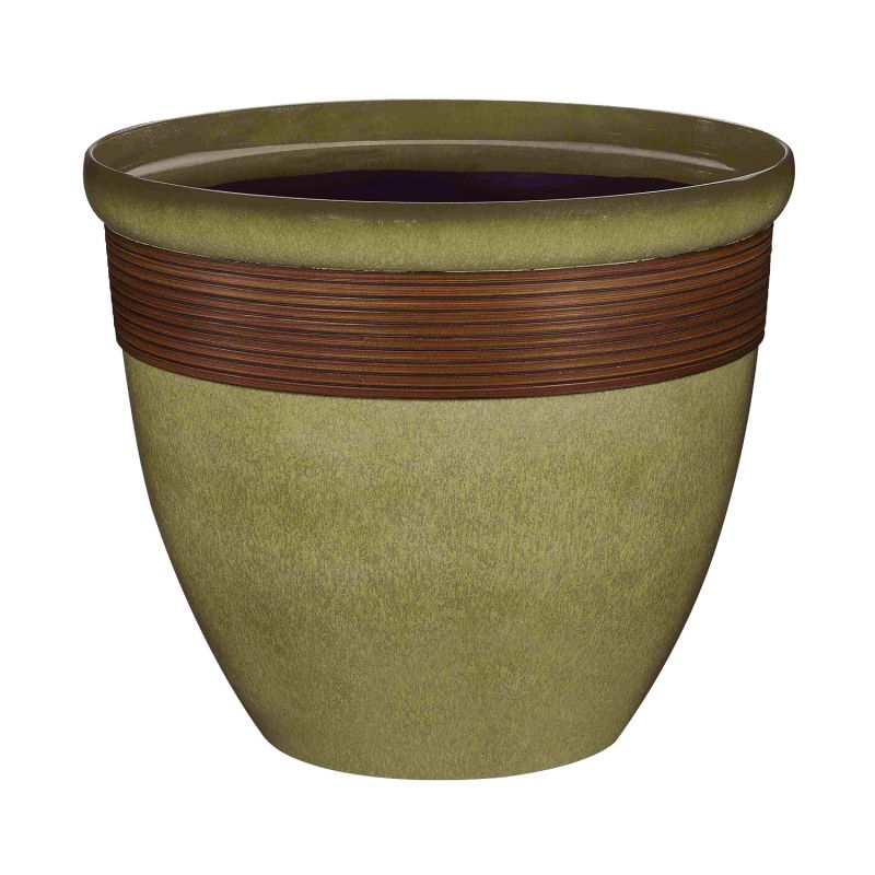 Landscapers Select PT-S015 Wave Planter, 15 in Dia, 12-1/2 in H, Round, Resin, Olive Green/Wood 0.635 Cu-ft, Olive Green/Wood